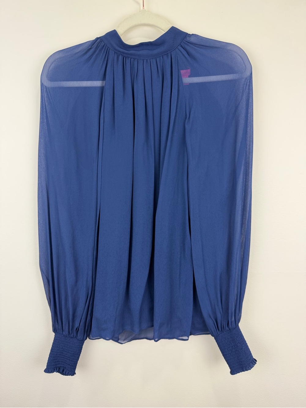 Lilly Pulitzer Blue Sheer Tie Neck Blouse Size 2 Long Sleeve Smocked Cuffs
